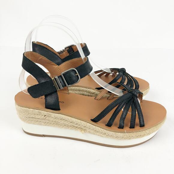 Lucky Brand Womens Juniffer Sandals 7 Black Leather Espadrille Wedge - Picture 1 of 10